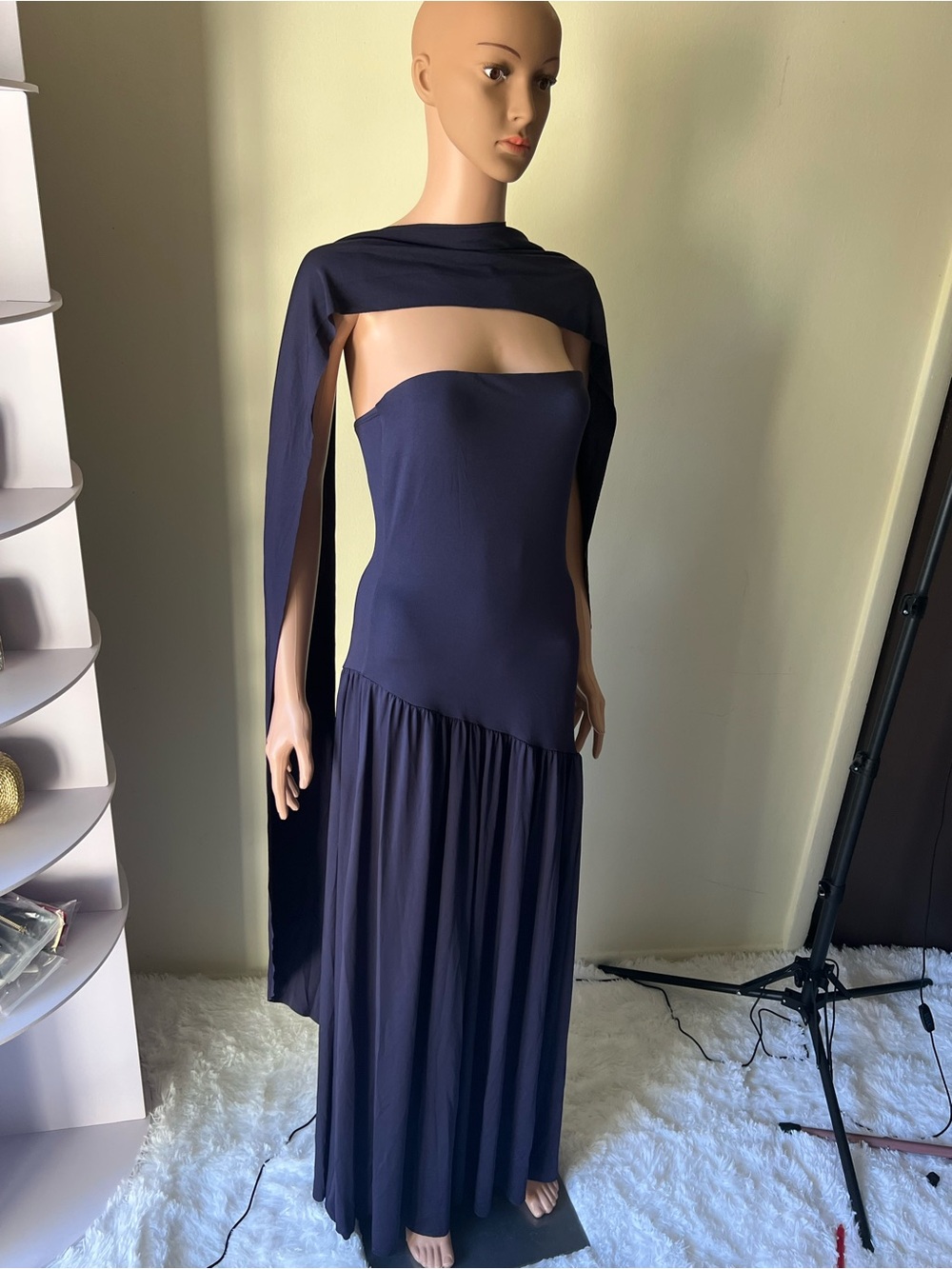 Elegant Strapless Navy Blue Evening Gown with scarf and left side slit